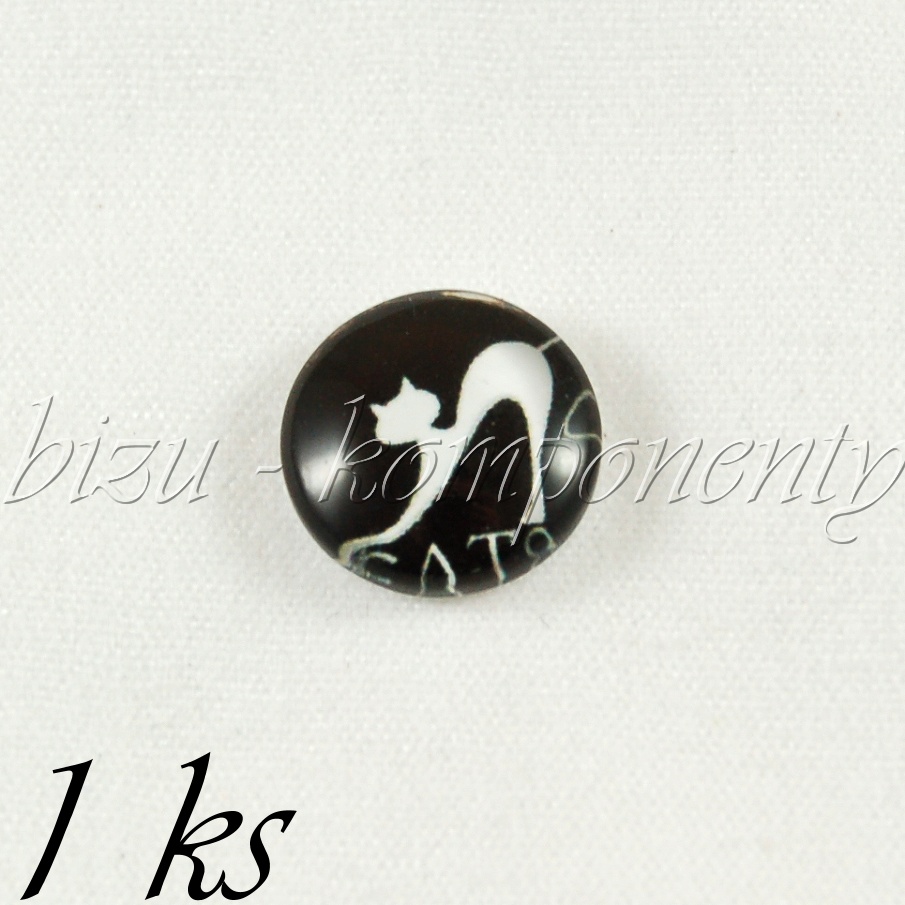 Skleněný kabošon bílá kočka na černém (35 2031)