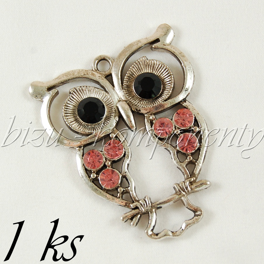 Velká obrýlená sova s růžovými křídly, stříbrná barva (02 0797)