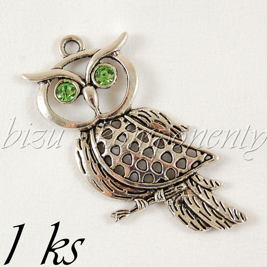 Sova z profilu se zelenýma očima, stříbrná barva (02 0898)