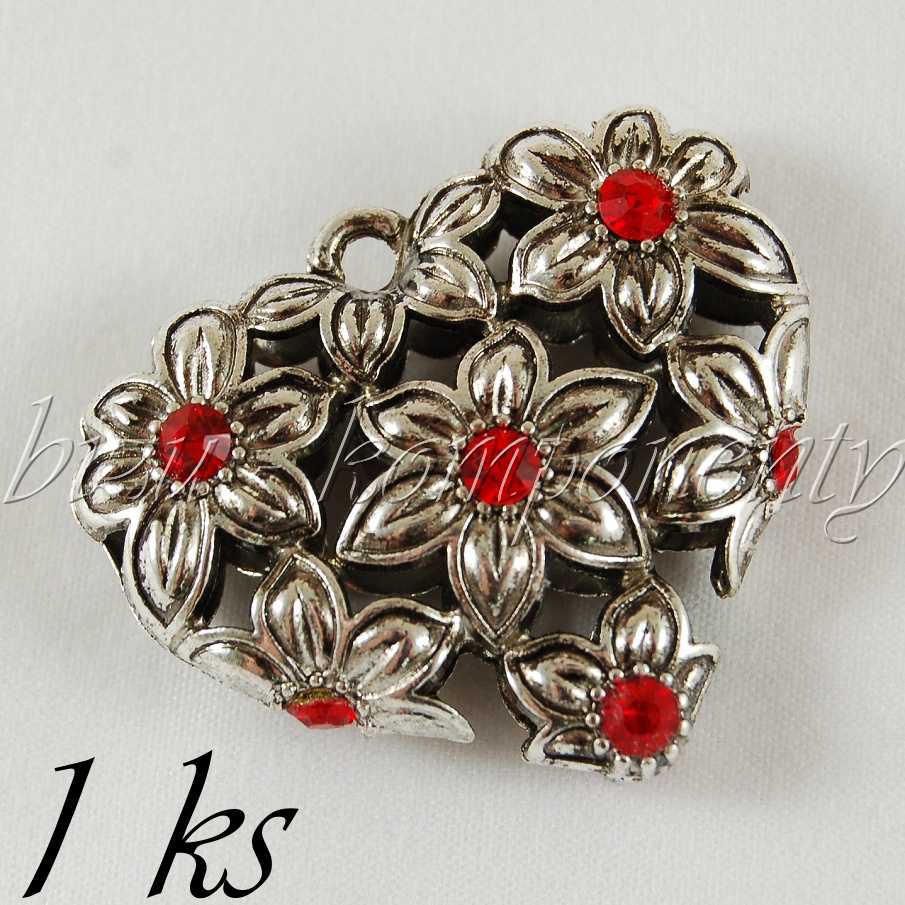 Červené rozkvetlé 3D srdce, stříbrná barva (02 0943)