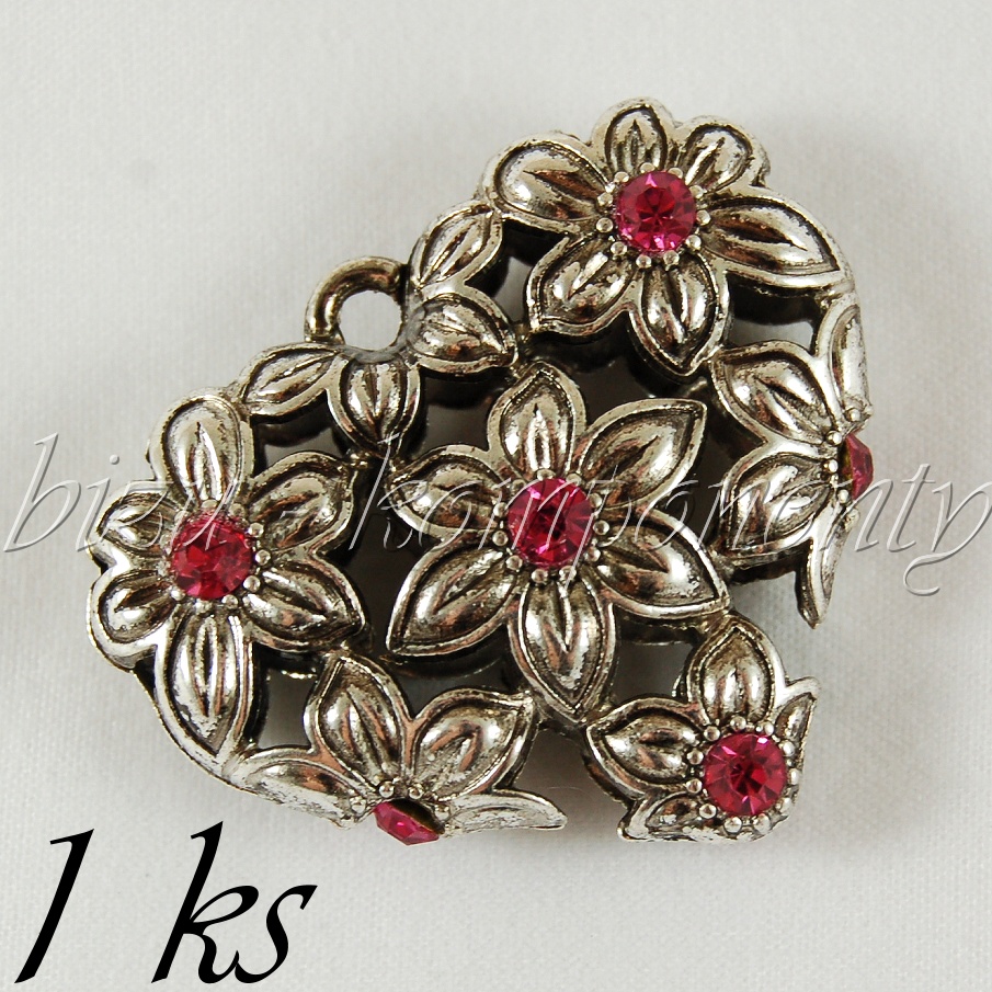 Růžové rozkvetlé 3D srdce, stříbrná barva (02 0946)