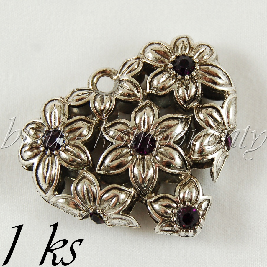 Fialové rozkvetlé 3D srdce, stříbrná barva (02 0056)