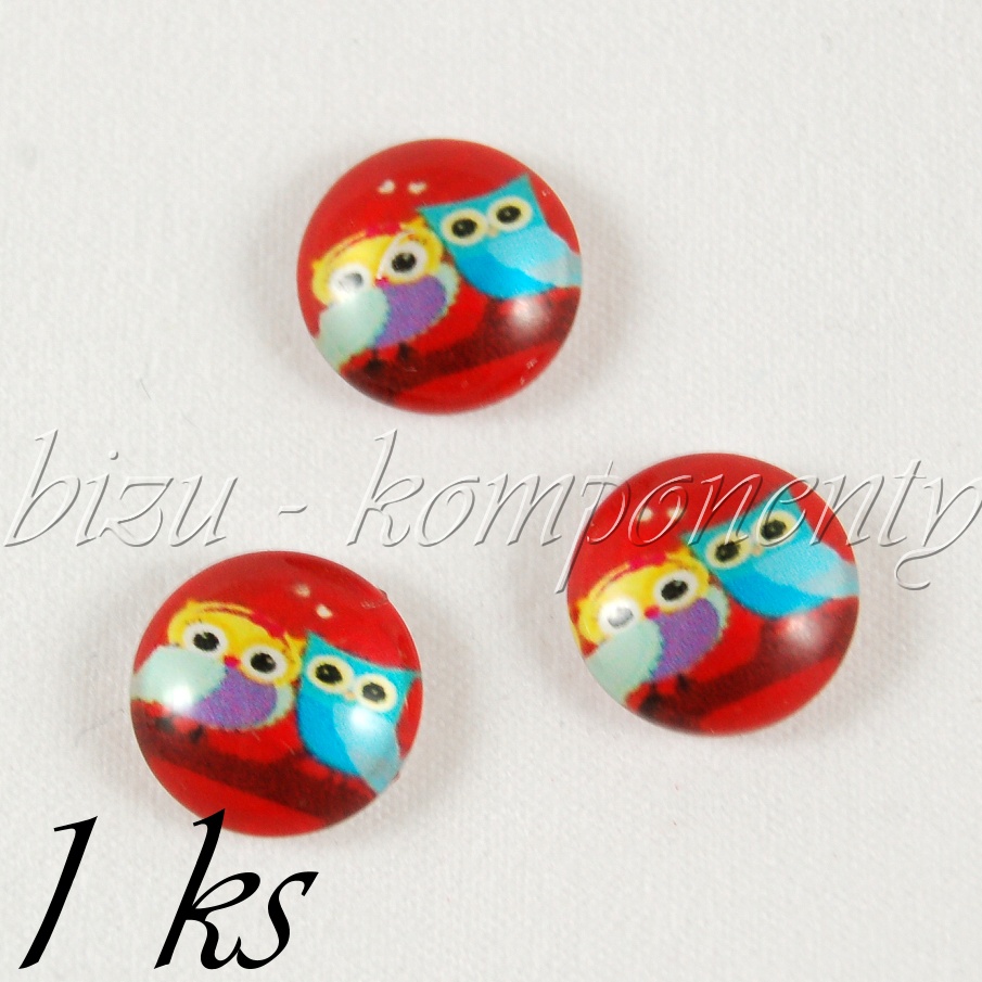 Skleněný kabošon dvě sovičky na červeném (35 2043)