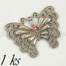 Velikánský motýl s růžovým šatonem, stříbrná barva (02 0998)