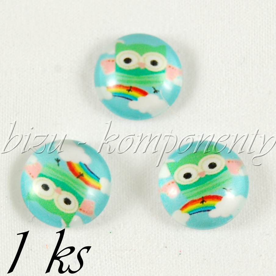 Skleněný kabošon zelená sovička na duze (35 2103)