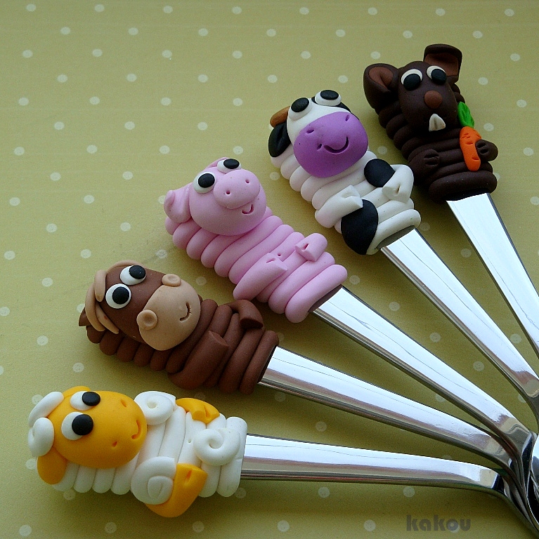 čajová fimo lžička - domácí zvířátka 1