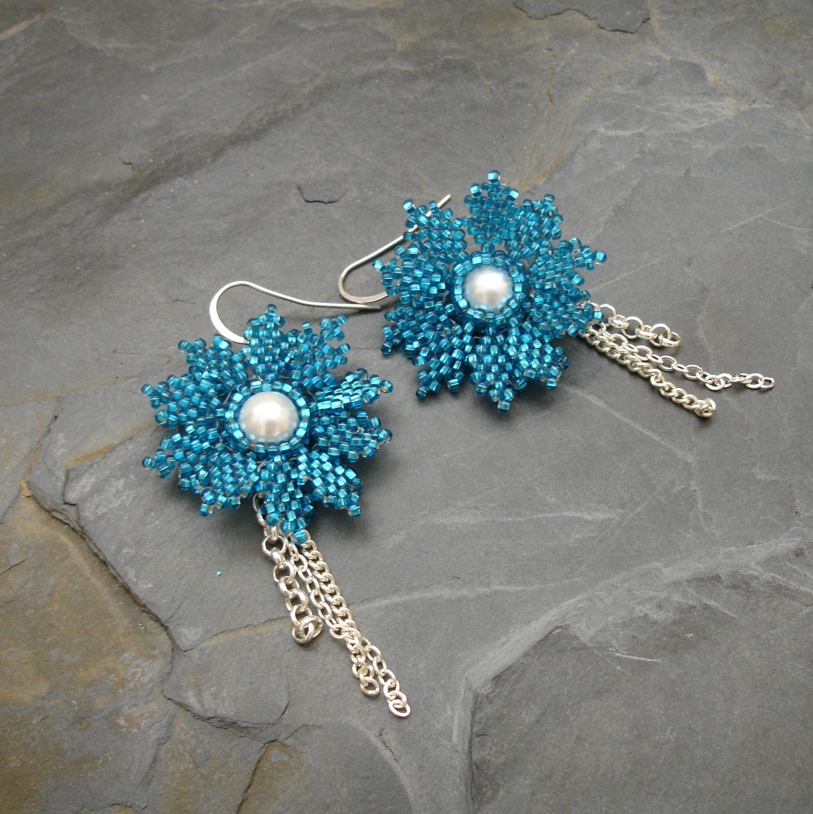 Náušnice - květina bílo-tyrkysová