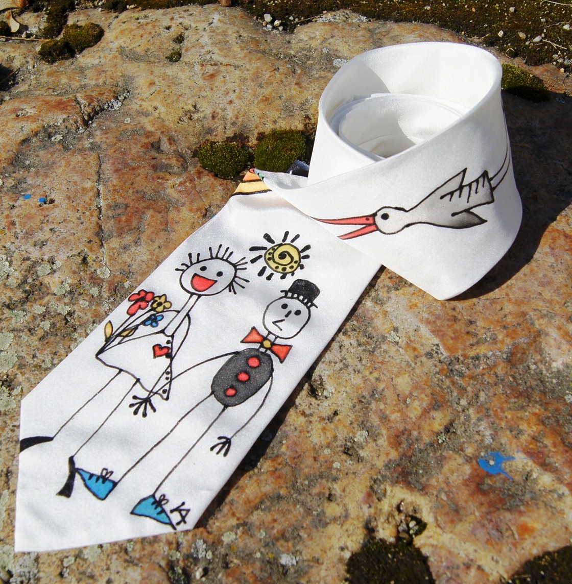 Bílá malovaná kravata nejen svatební... 