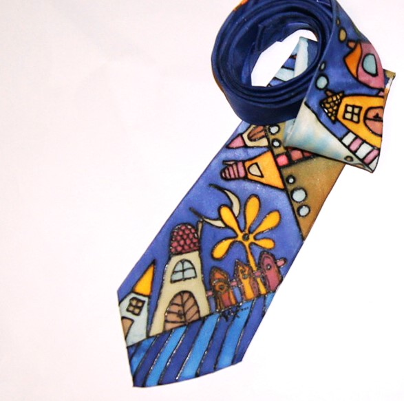 Ručně malovaná hedvábná kravata městečková