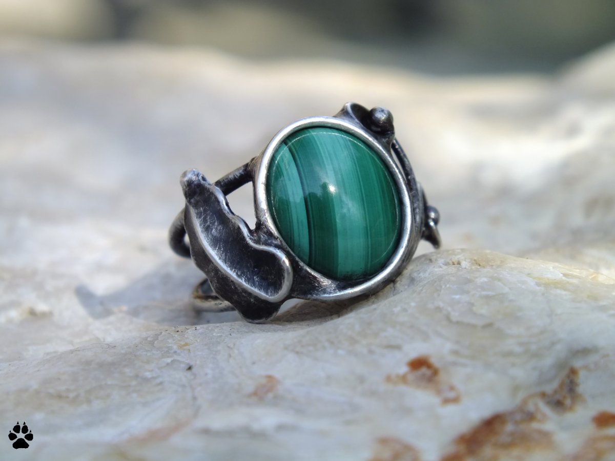 Malachitový list - cínovaný prsten