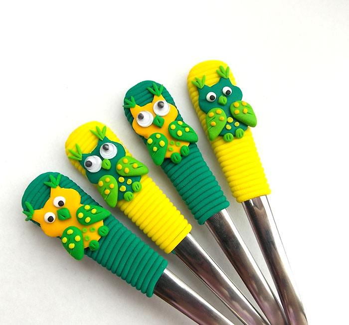 Čajové lžičky - vykulené sovičky (žluto emeraldové)