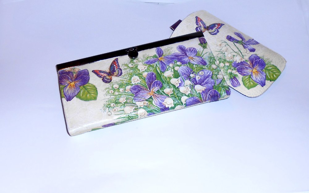 Sada-peněženka+pouzdro na mobil-Fialky