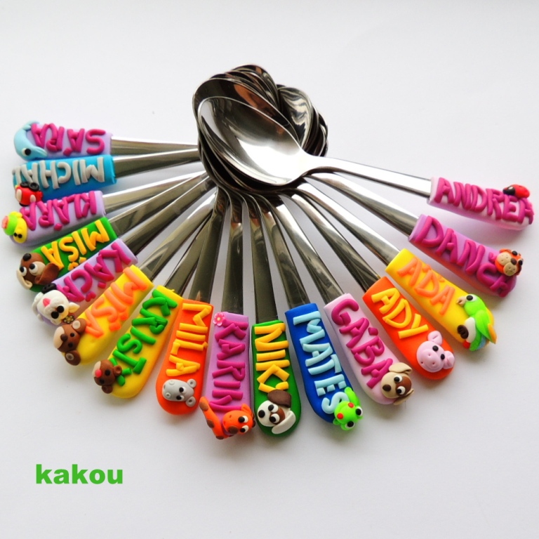 čajová fimo lžička se jménem a motivem