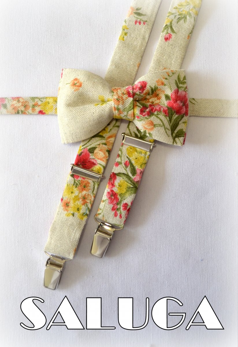 Pánský motýlek + šle béžové, vintage, červený