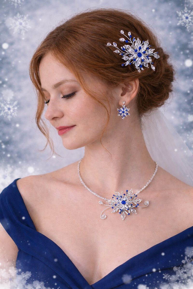 Zimní šperkový set se sněhovou vločkou – elegantní náhrdelník ozdoba do vlasů a náušnice