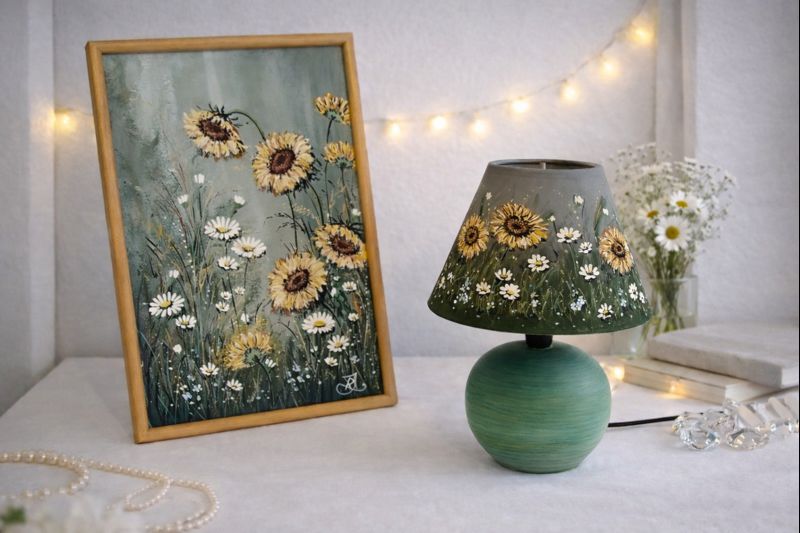 Ručně malovaná lampička a obrázek se slunečnicemi – originální doplněk do interiéru