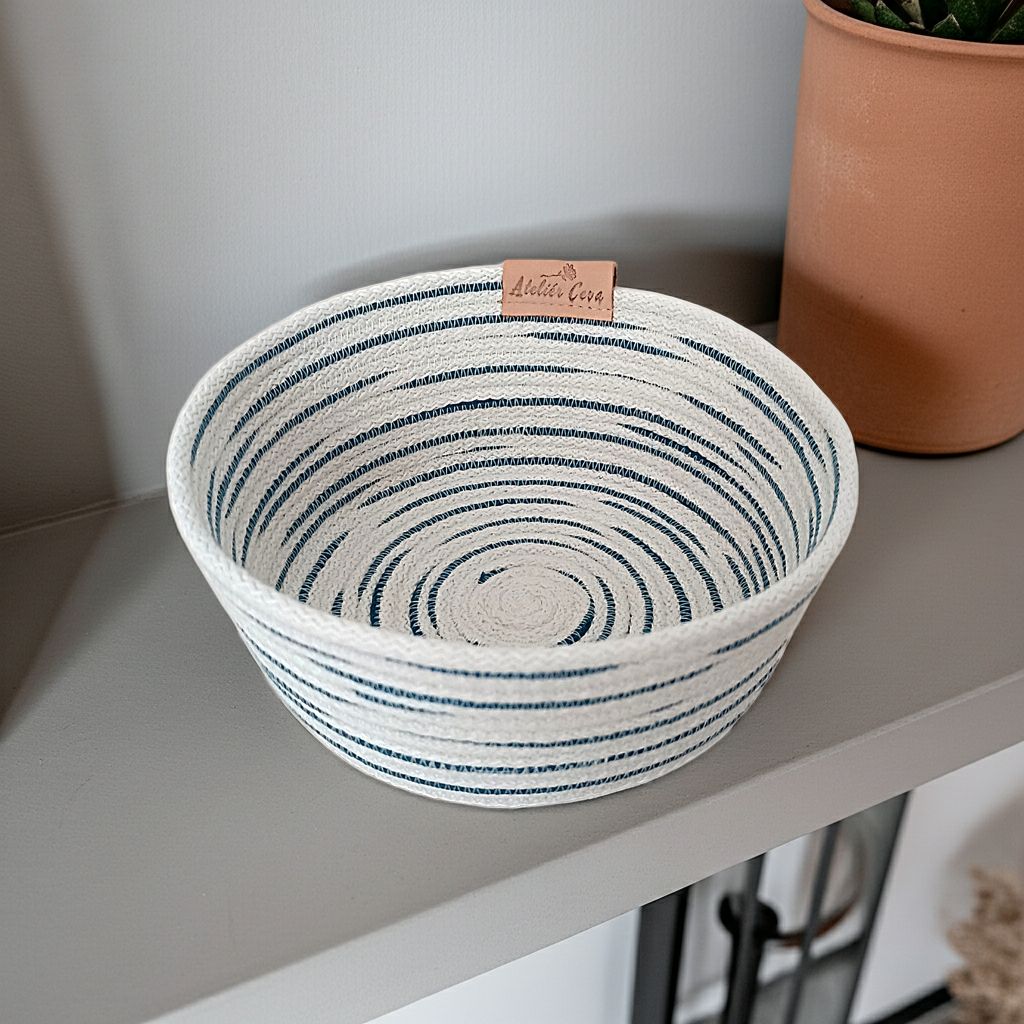 Šitá miska ecru s petrolejovou