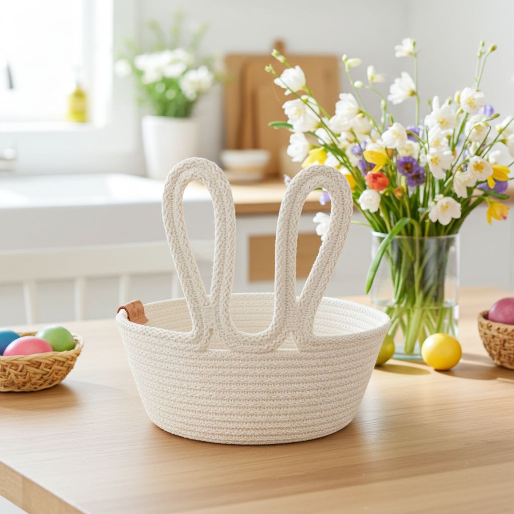 Šitý košík smetanový s oušky