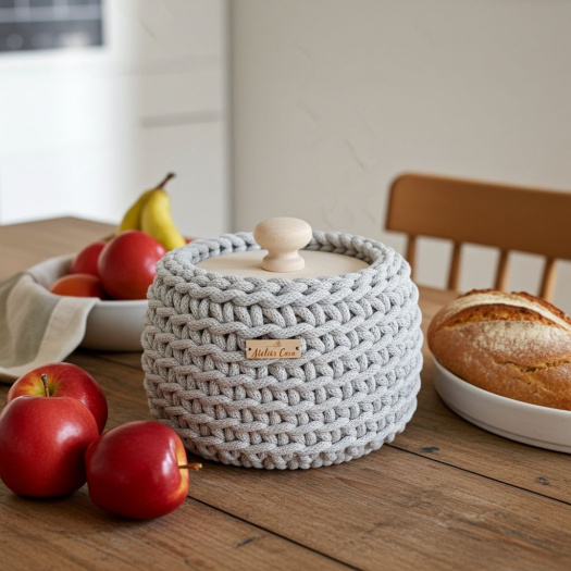 Háčkovaný košík s poklopem malý lněný