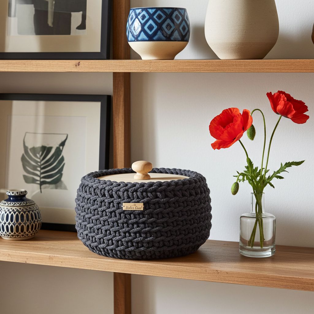 Háčkovaný košík s poklopem antracit