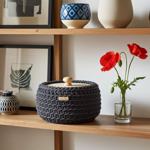 Háčkovaný košík s poklopem antracit