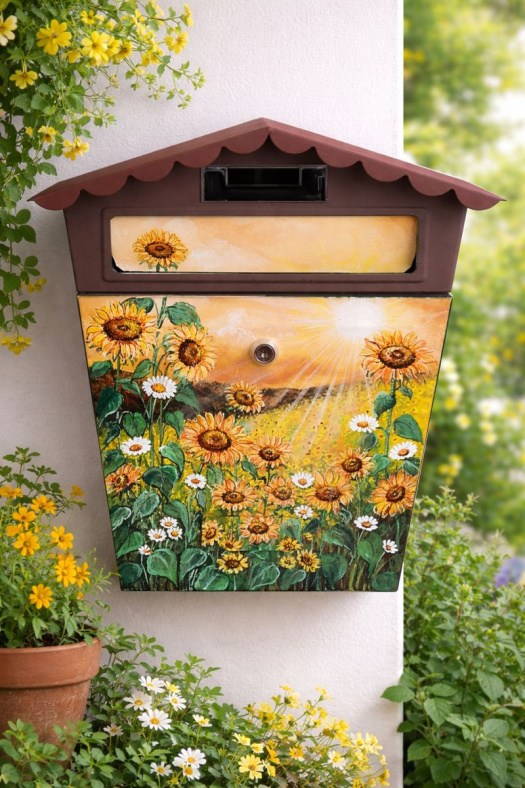 Ručně malovaná poštovní schránka se slunečnicemi – originální venkovní dekorace
