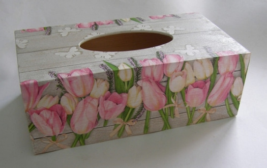 Krabice na kapesníky - Růžové tulipány a motýl