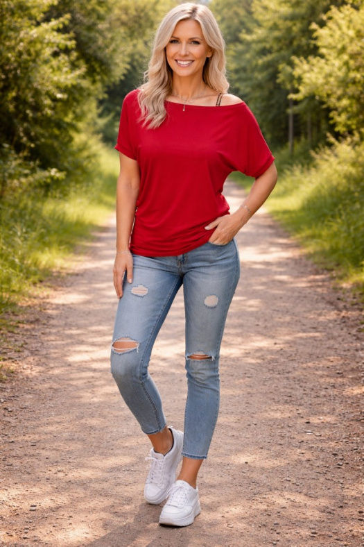 Tričko s širokým lodičkovým výstřihem - červená barva (viskóza) 