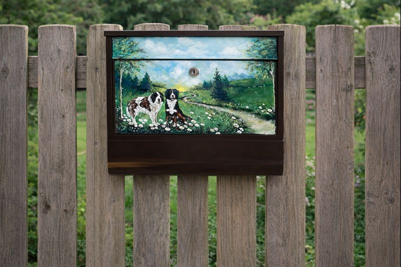 Ručně malovaná poštovní schránka – lesní krajina se psy, originální dekorace na plot