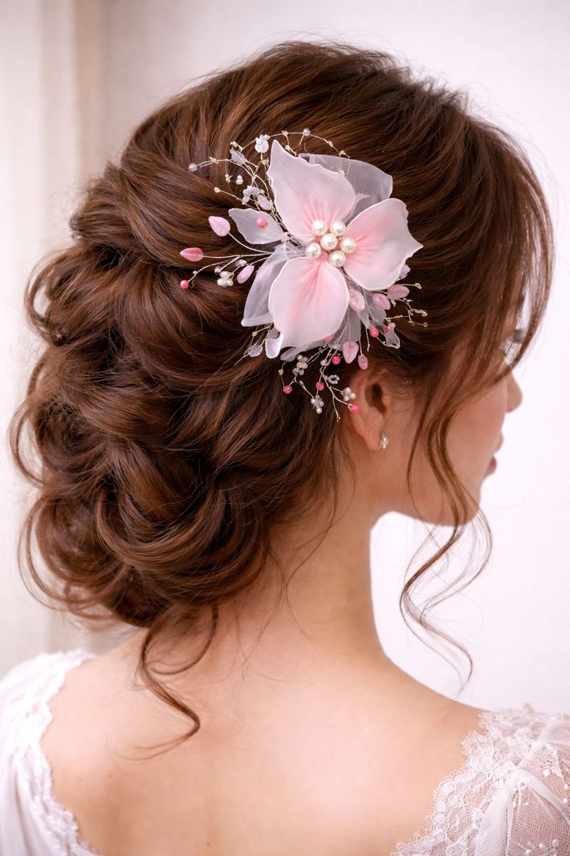 Svatební vlasová ozdoba s perličkami – růžový květ