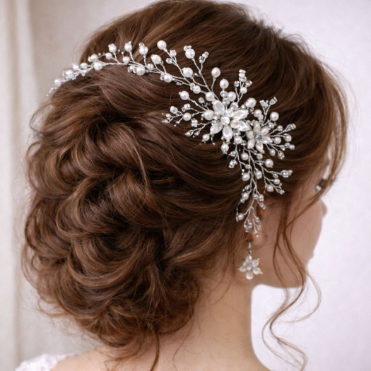 Svatební vlasová ozdoba s perličkami – postříbřený drátek