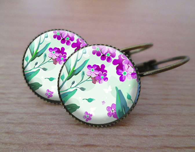 VINTAGE VISACÍ NÁUŠNICE - Fialové kvítky