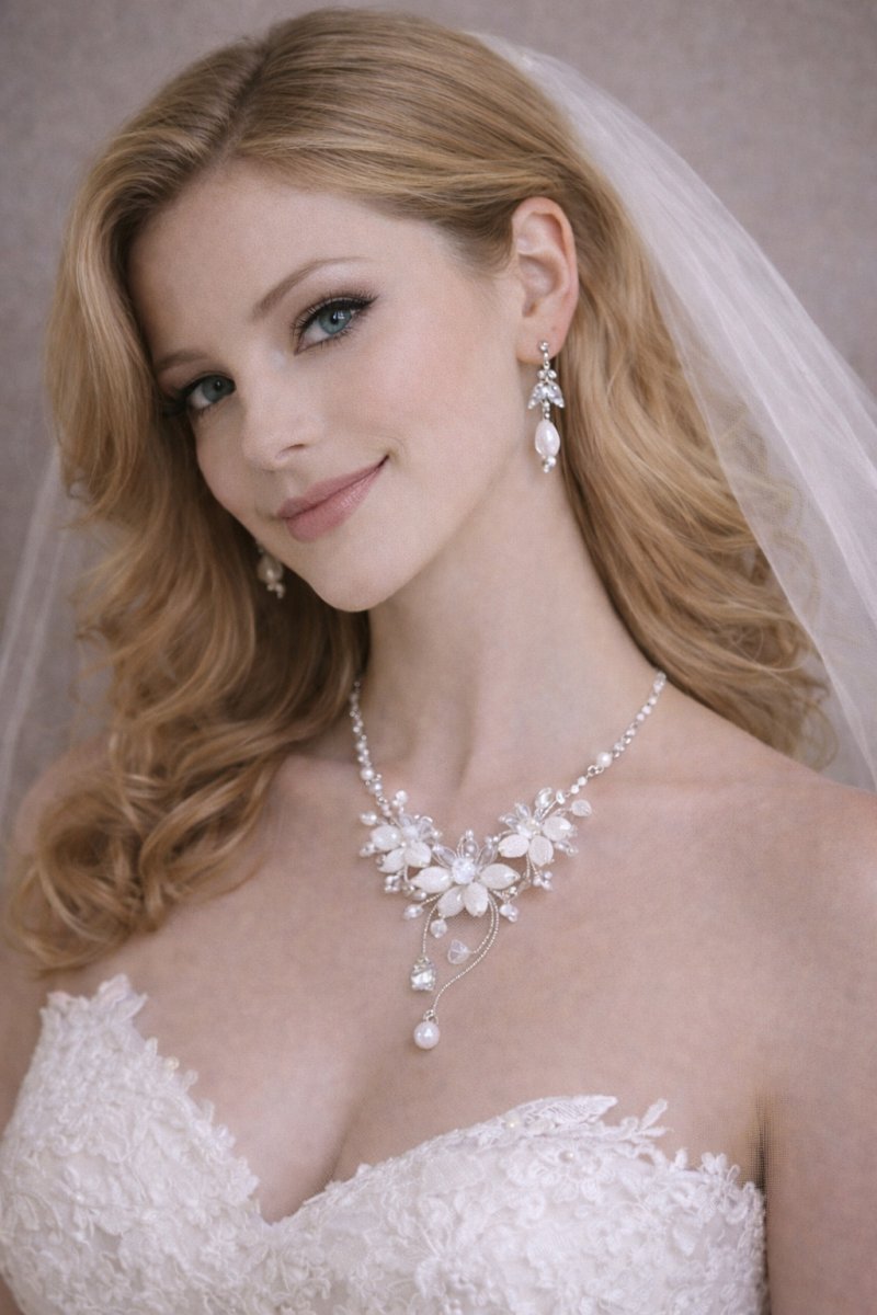 Luxusní bílý svatební šperkový set – ručně vyráběný náhrdelník a náušnice s perlami a křišťály