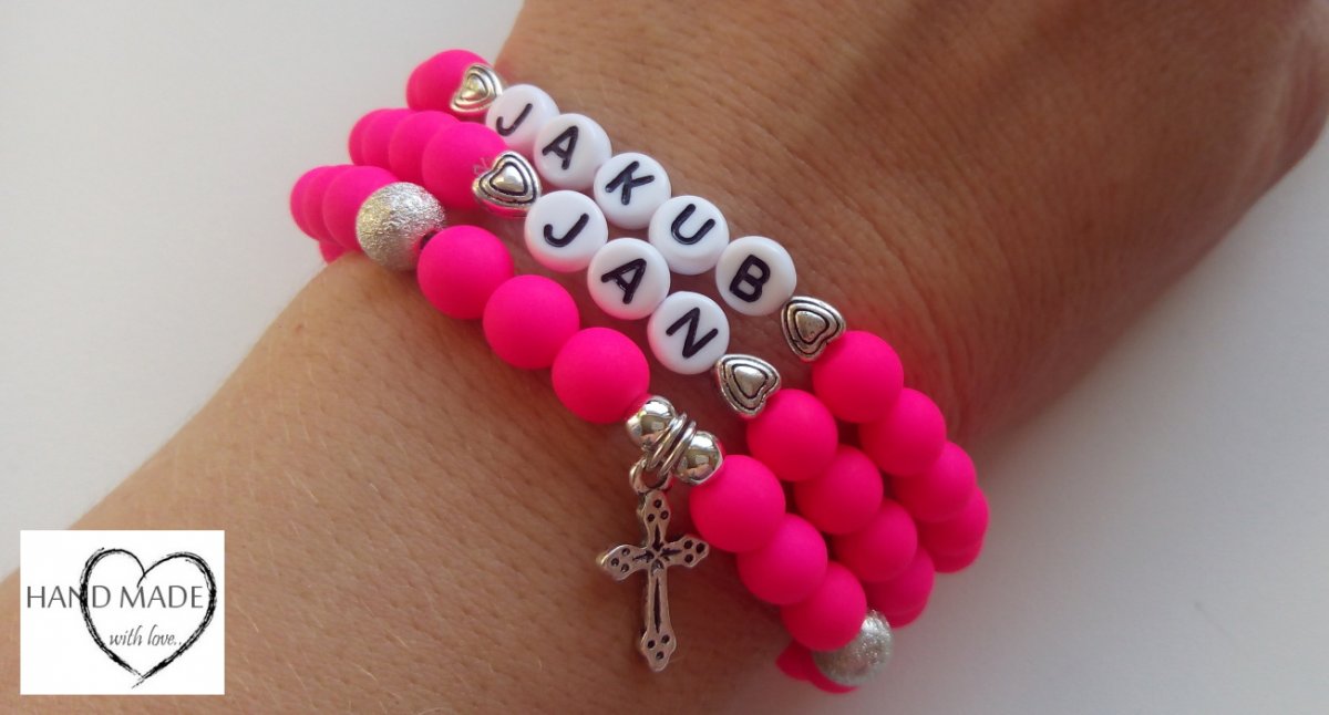 Náramek pink neon se jménem, textem, přívěskem ...