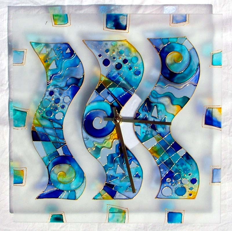 Azurové vlnění-skleněné hodiny 30x30cm