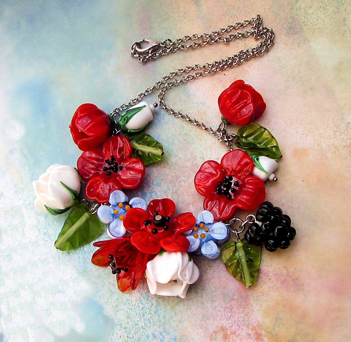 "Pugét.."náhrdelník, vinuté skleněné květy@chirurgická ocel