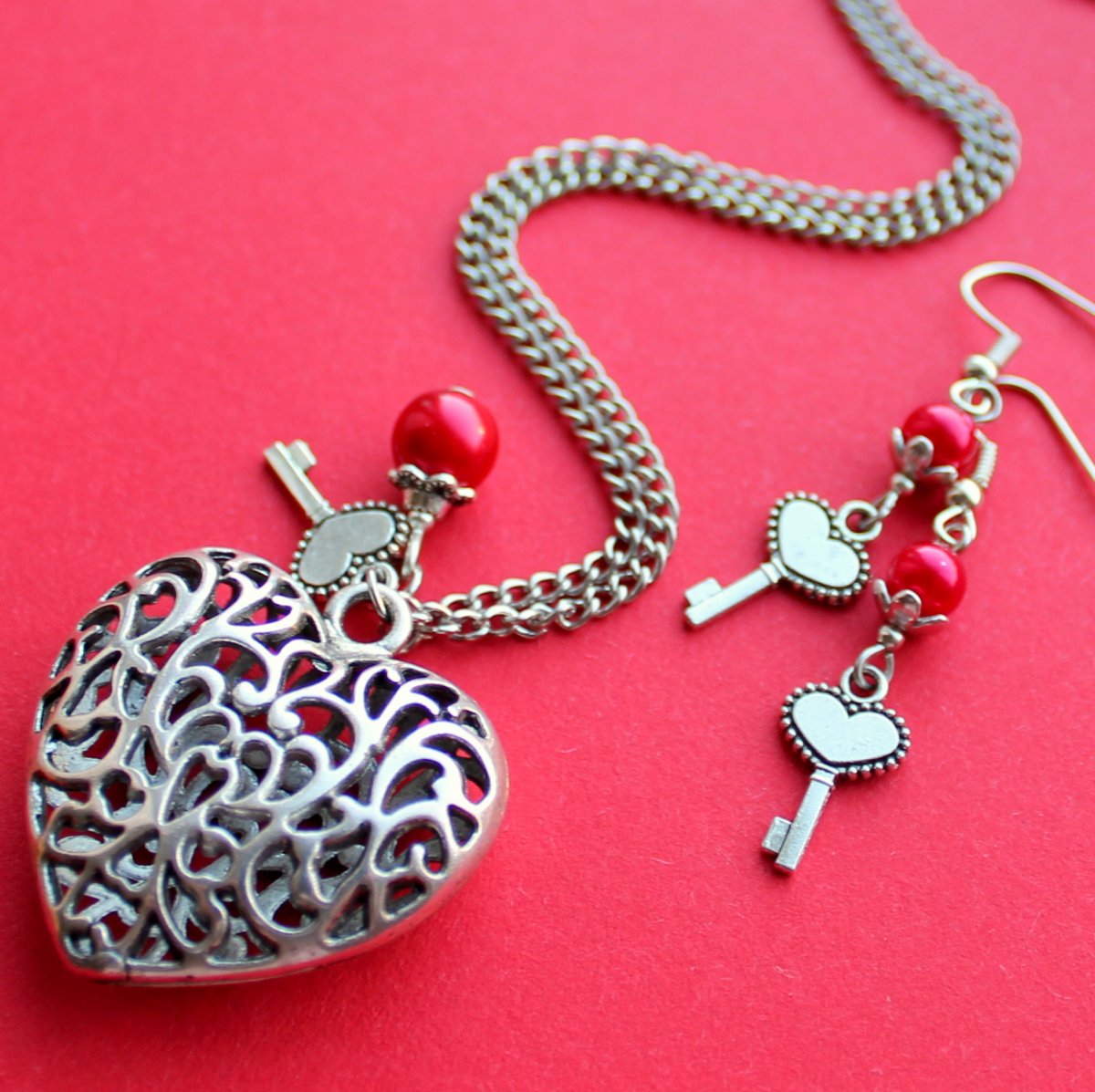 Srdce na klíček - náhrdelník s náušnicemi