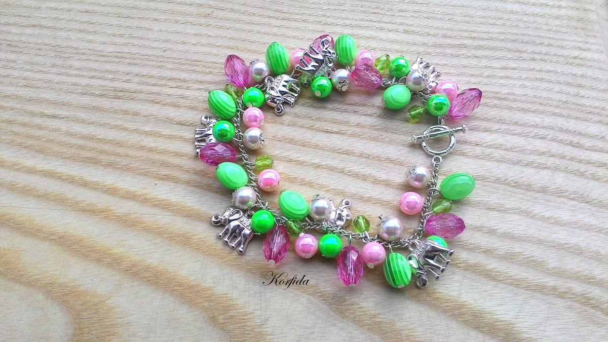 Náramek růžová + zelená + sloníci (301/16)