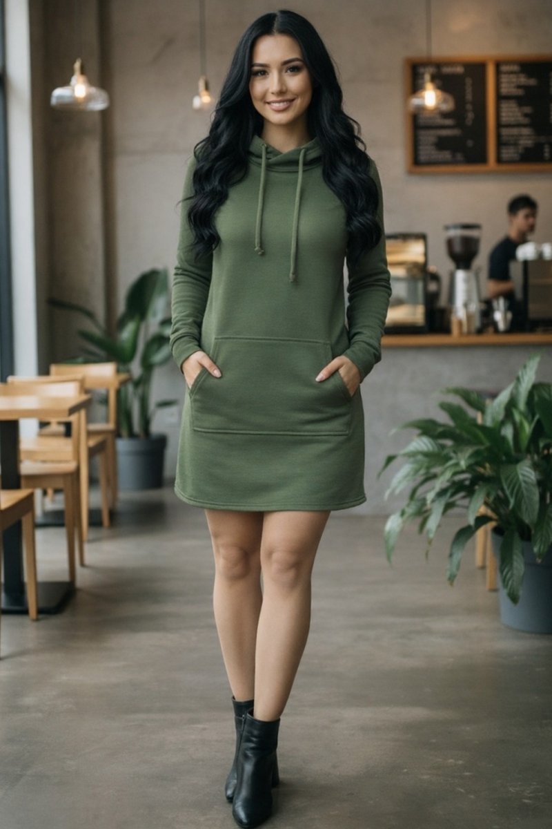 Dámská mikino-tunika s kapucí - olivová barva (teplákovina)