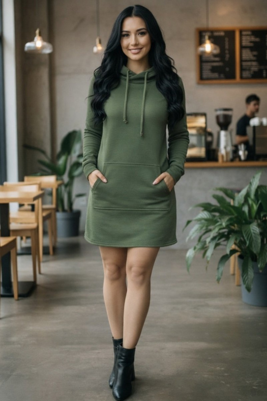 Dámská mikino-tunika s kapucí - olivová barva (teplákovina)