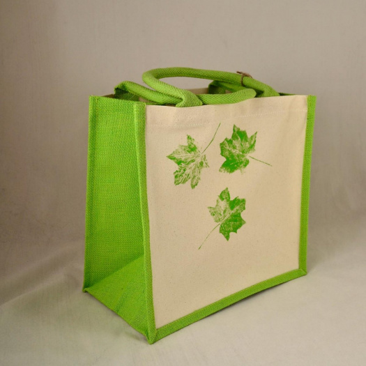 Bavlněno-jutová taška přír.bílá-zelená s listy