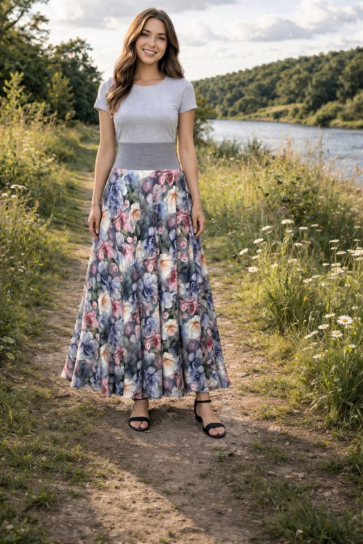 Dlouhá půlkolová sukně - něžné květy