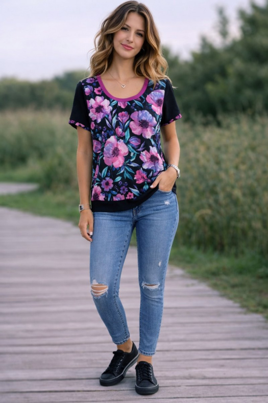 Dámské tričko - květy na černé (bavlna) 