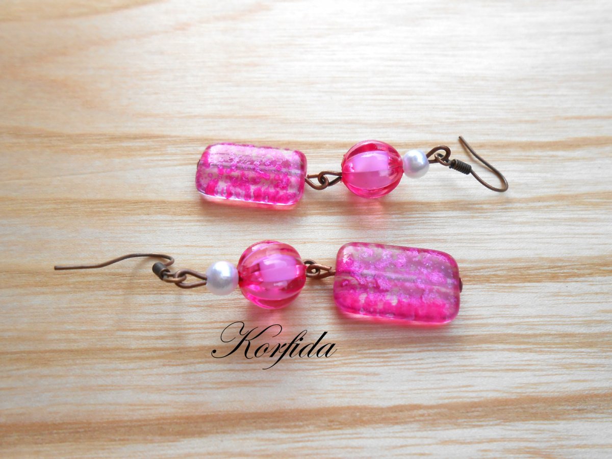 Náušnice růžové obdelníčky a bílá (443/16)