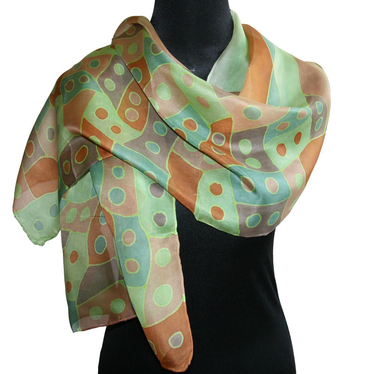 Hedvábná šála: Puntíky hnědo-zelené