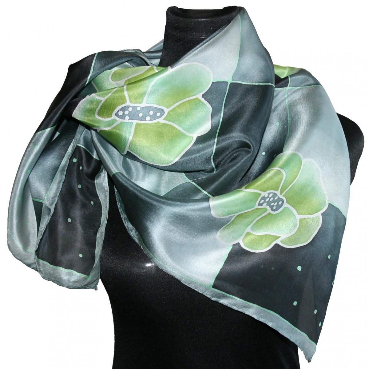 Malovaný hedvábný šátek: Zelené květy