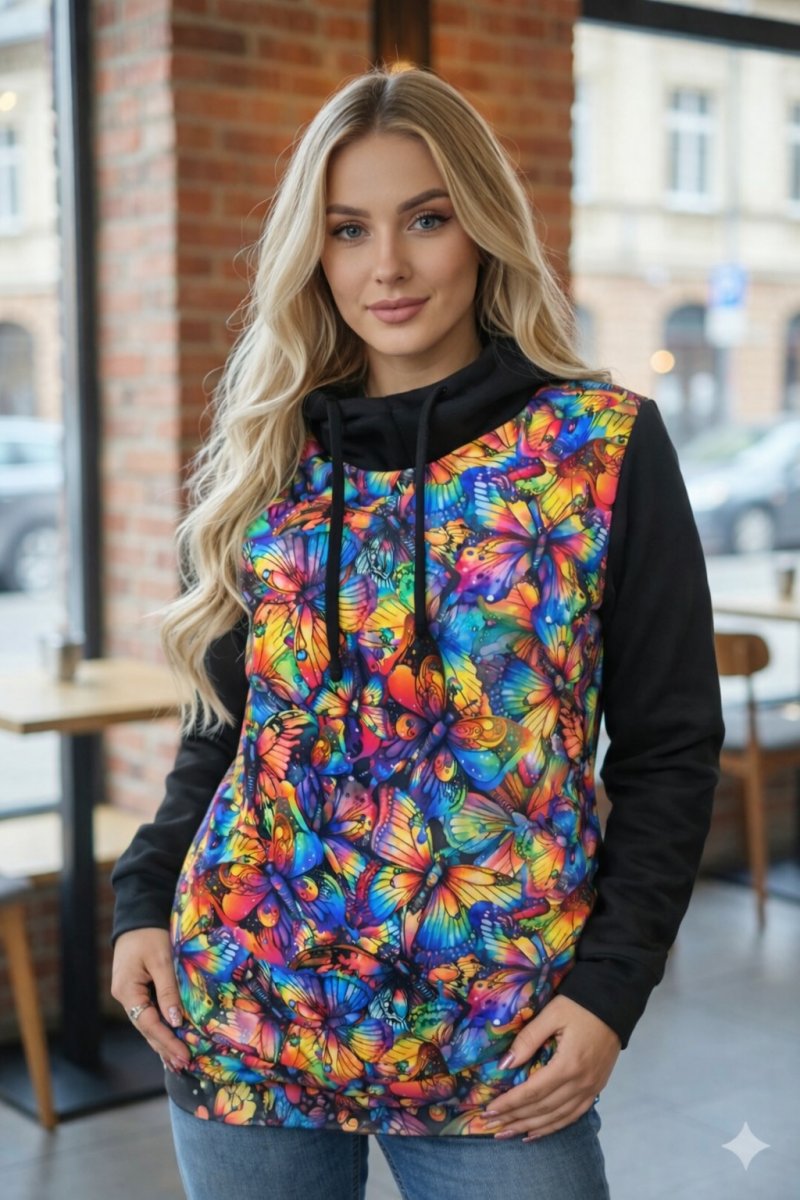 Dámská designová mikina s funkční kapucí - rej motýlů (teplákovina)