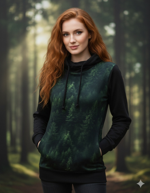 Dámská designová mikina s funkční kapucí - tajemný les (teplákovina)