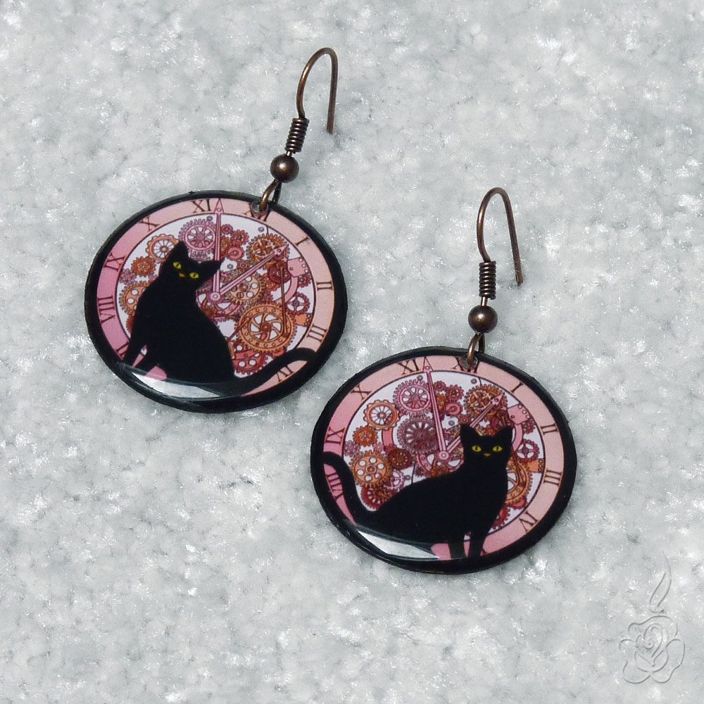 Lososové náušnice s kočkou - steampunk