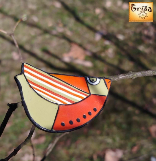 Ptačí brož - oranžová, khaki